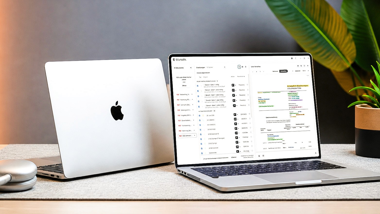 Blursafe software on a MacBook, detecting and highlighting personal data in a document.